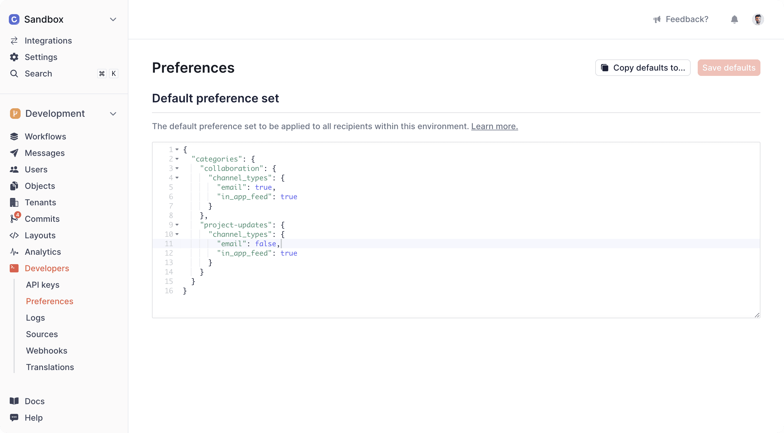 Creating a default preference set in Knock dashboard